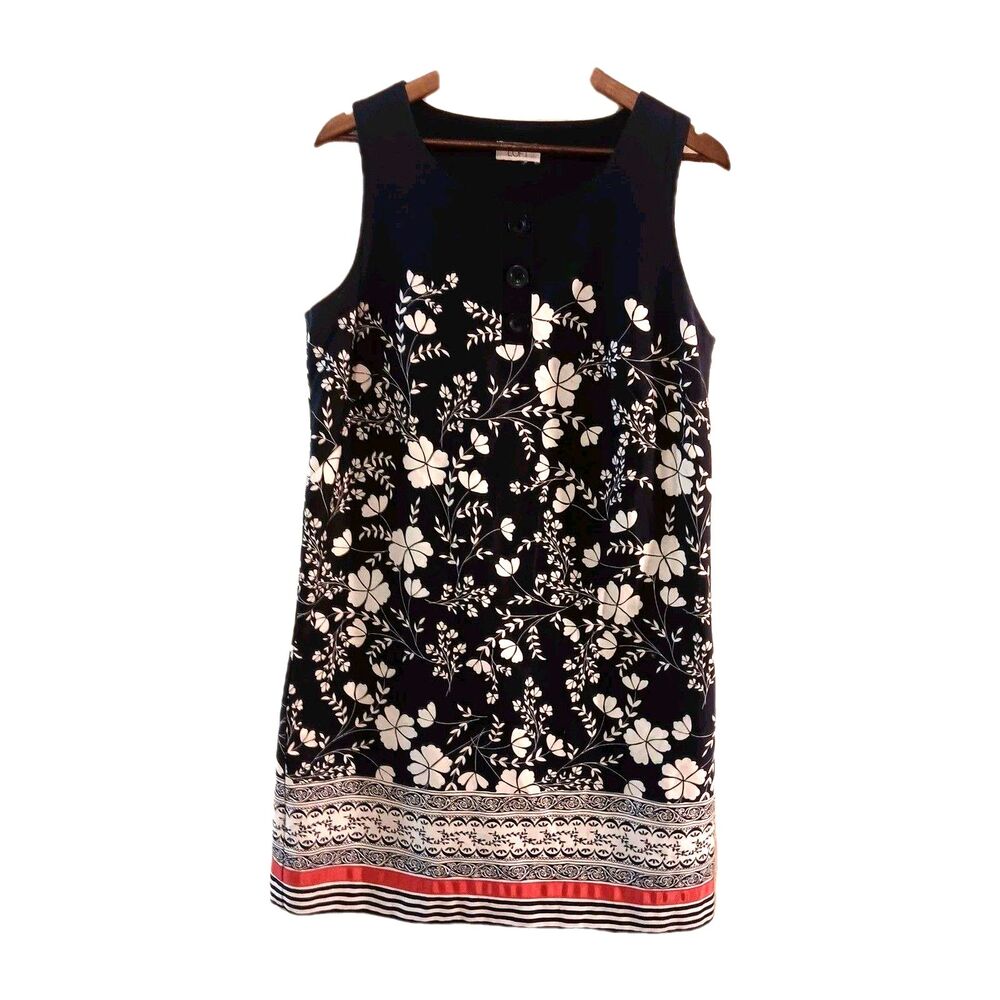Ann Taylor Loft Dress Sz 14/16 Navy White Floral Sleeveless A Line Button Detail